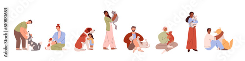 Set of people hugging dogs and cats, adults and children flat style