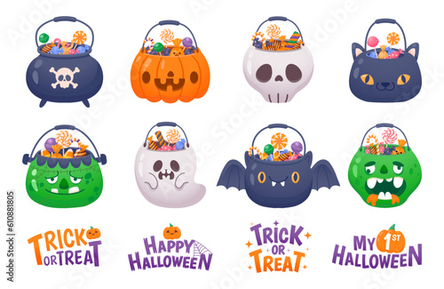 Halloween bucket with sweets. Trick or treat. Pumpkin buckets with candies, cat pack with lollipop, dessert inside skull bag, party ghost basket. Kids treat. Vector set