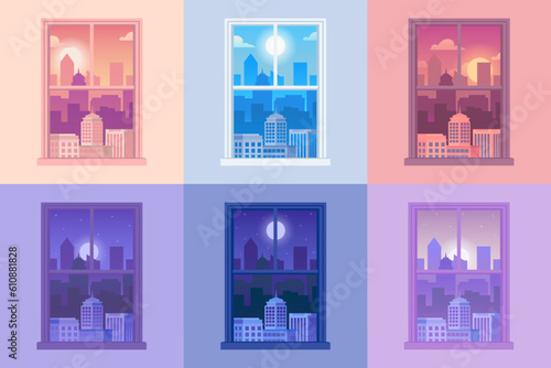 Window day night views. Windows outside view sunny day, night and morning time, frame with city, evening background with town building with sun and moon. Vector illustration