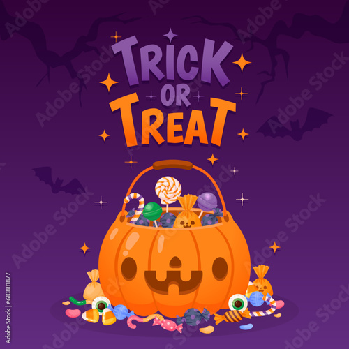Halloween pumpkin bucket. Autumn candy basket, poster trick and treat bag, banner with sweets, party invitation with cute pumpkins face and bats. Vector illustration