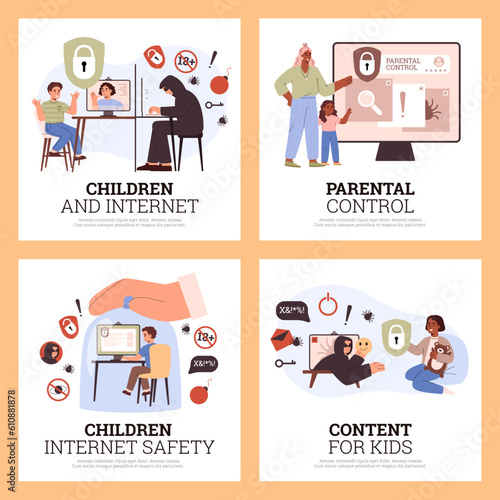 Set of squared banners about children internet safety flat style