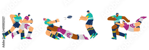 Rugby game male players characters in uniform flat cartoon vector illustration isolated.