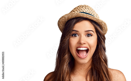 Face, wow for fashion and woman in hat isolated on a transparent png background. Portrait, surprise and happy model with good news, winning announcement or success with shocked, excited or omg emoji.