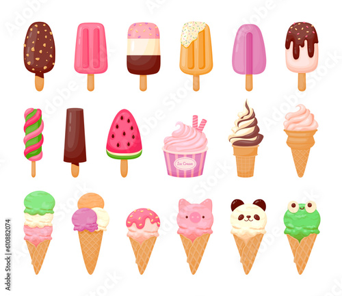 Cartoon ice cream. Sweet sundae, gelato in cone, cute chocolate summer freeze dessert, fruit popsicle, delicious scoop ice cream with animal face. Vector set