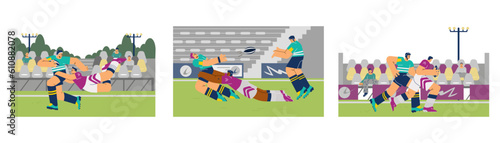 Men playing rugby on the field, set of scenes - flat vector illustration.