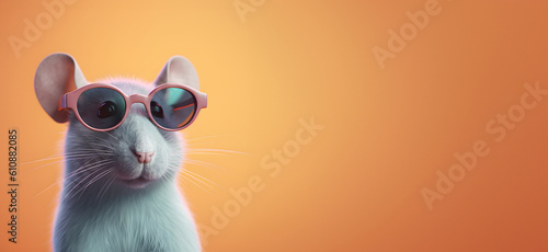 Fototapeta Naklejka Na Ścianę i Meble -  Creative animal concept. Mouse rodent in sunglass shade glasses isolated on solid pastel background, commercial, editorial advertisement, surreal surrealism. 