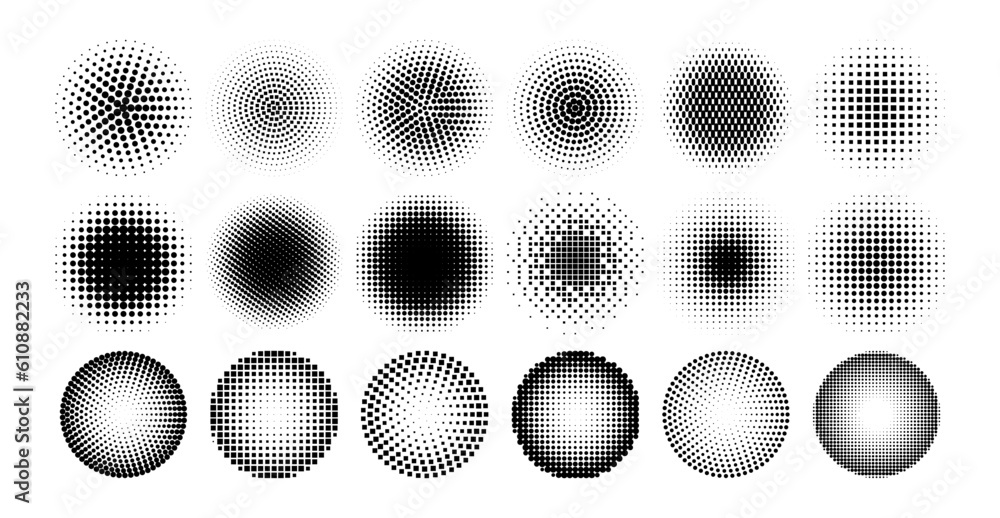 Halftone circle. Comic dotted circles, point tone pattern, gradient background geometry element, round pop art shape. Spray points effect. Vector set