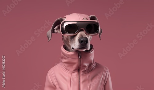 Cute dog wearing a VR headset. Virtual reality VR simulation, metaverse and cyberspace. AR augmented reality. Cyberpunk. Generative Ai. © ckybe