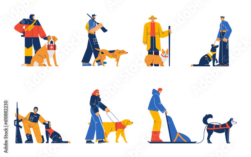 Set of people with assistance dogs flat style, vector illustration