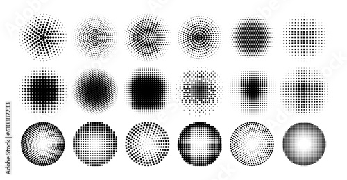 Halftone circle. Comic dotted circles, point tone pattern, gradient background geometry element, round pop art shape. Spray points effect. Vector set