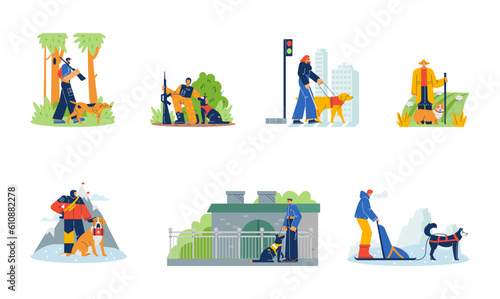 Set of various assistance dogs with people in different situations flat style