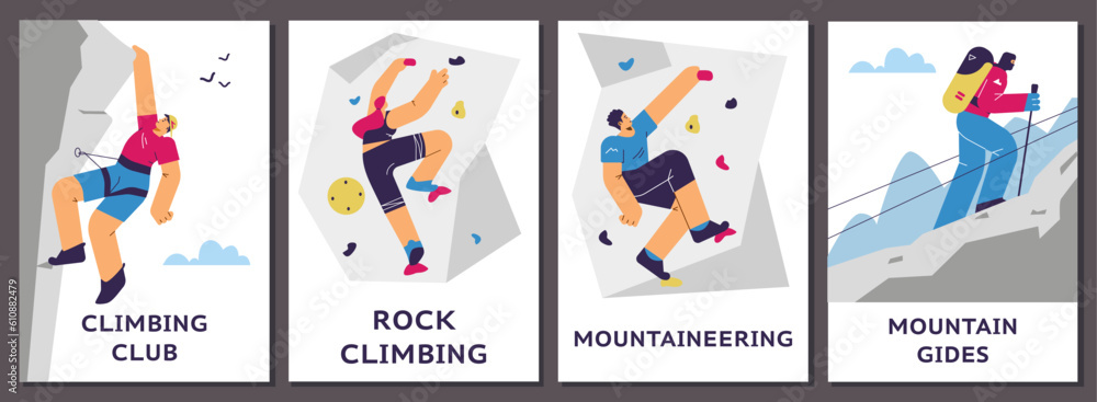 Set of posters or vertical banners about climbers flat style