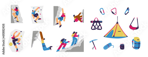 Set of climbers and tools flat style, vector illustration