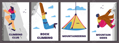 Set of posters or vertical banners about climbing flat style