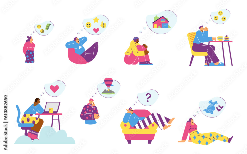 Set of characters dreaming about love, money and new house - flat vector illustration isolated on white background.