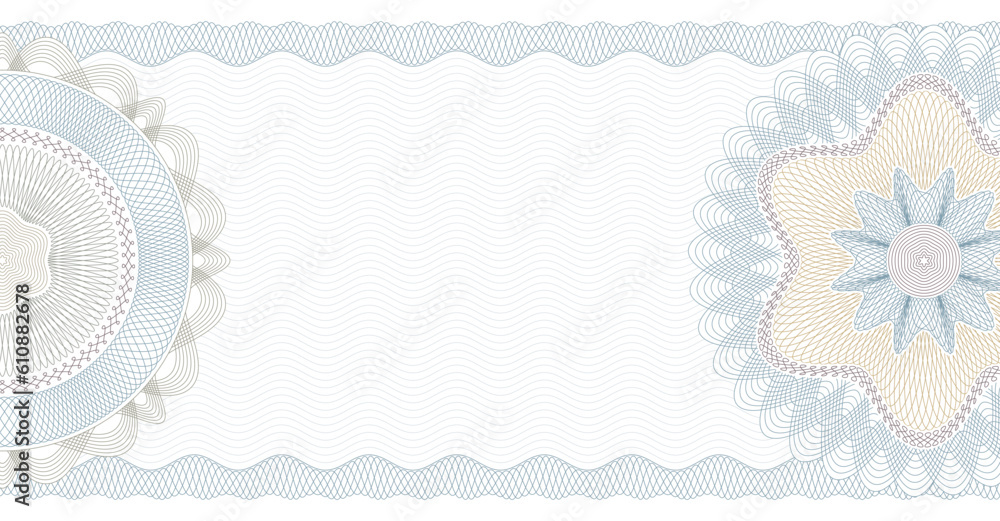 Voucher guilloche. Gift certificate, coupon or cheque template with guilloche border and rosette. Watermark security pattern editable stroke vector paths