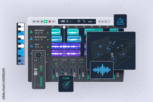 Program for professional songwriting, beat making, editing, and mixing. Audio workstation software. Vector illustration