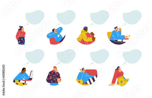 Set of dreaming people with empty thought clouds flat style