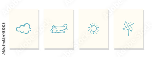 Vibrant wall art illustration showcasing a line shape of a plane, sun, cloud, and windmill. Bright backdrop, perfect for children's interior wall art.