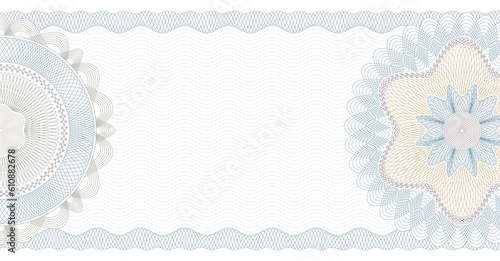 Voucher guilloche. Gift certificate, coupon or cheque template with guilloche border and rosette. Watermark security pattern editable stroke vector paths photo