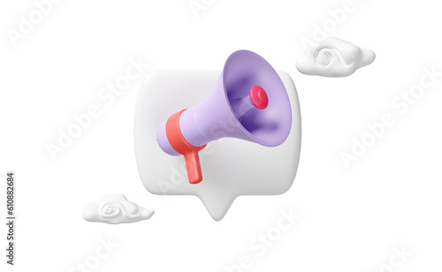 3d purple megaphone or cartoon hand speaker on speech bubble with cloud isolated. announce promotion news for social media networks, online marketing