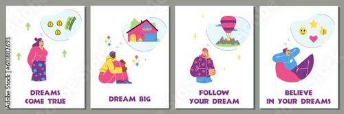 Set of posters or vertical banners about dreaming people flat style