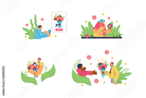 Set of people with flowers flat style, vector illustration