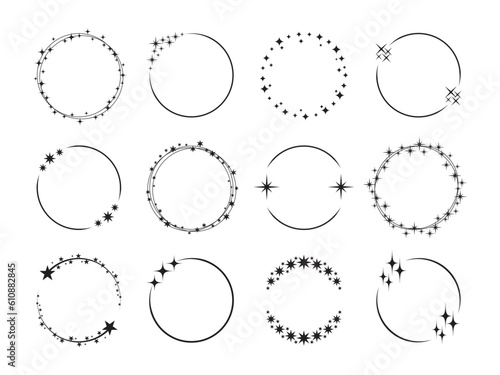 Star frame. Circle frames with sparkle stars, Christmas glitter round line borders. Starry ring shiny birthday banner. Isolated magic badge vector set