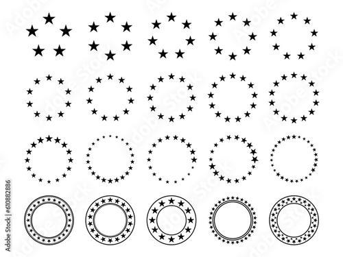 Star circle. Round frames with stars for badge, emblem and seal. Circular rating icons with fave five pointed silhouette star, award vector sign set