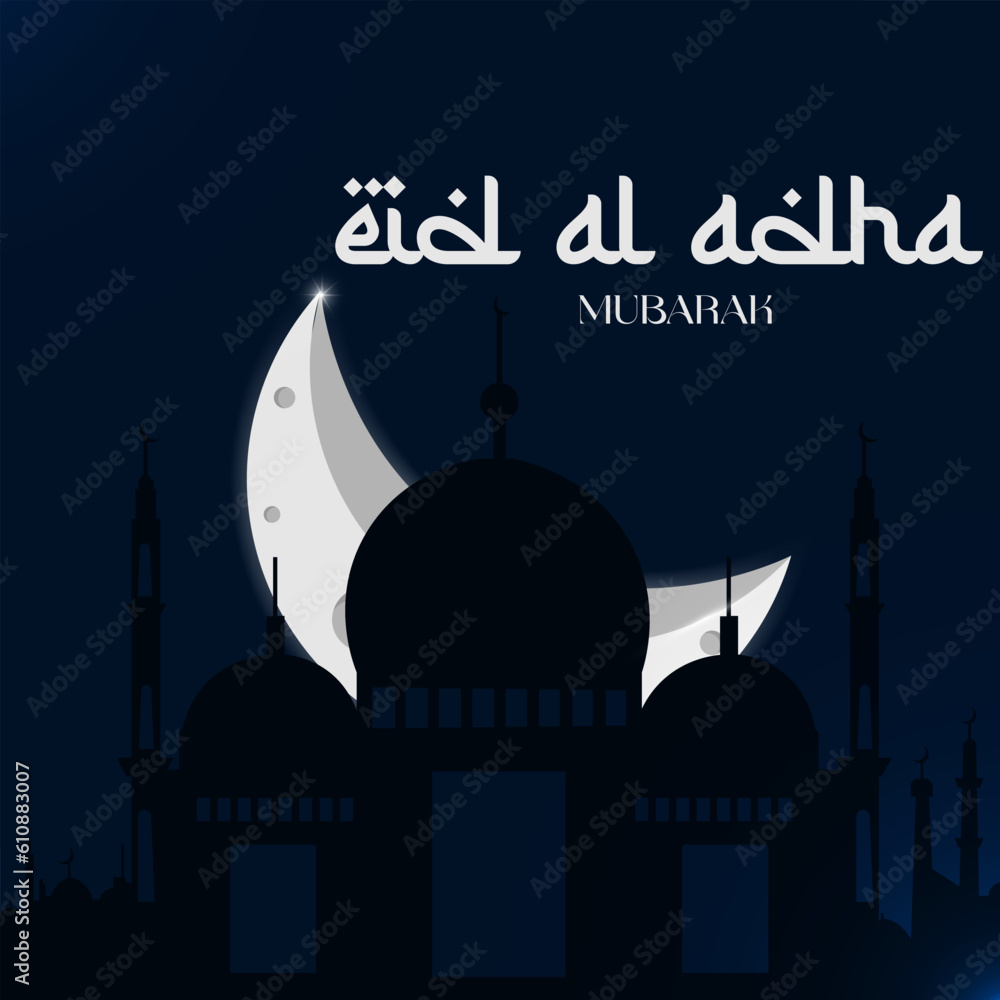 Eid Al Adha Mubarak Islamic greeting card with white moon  poster, banner design, vector illustration