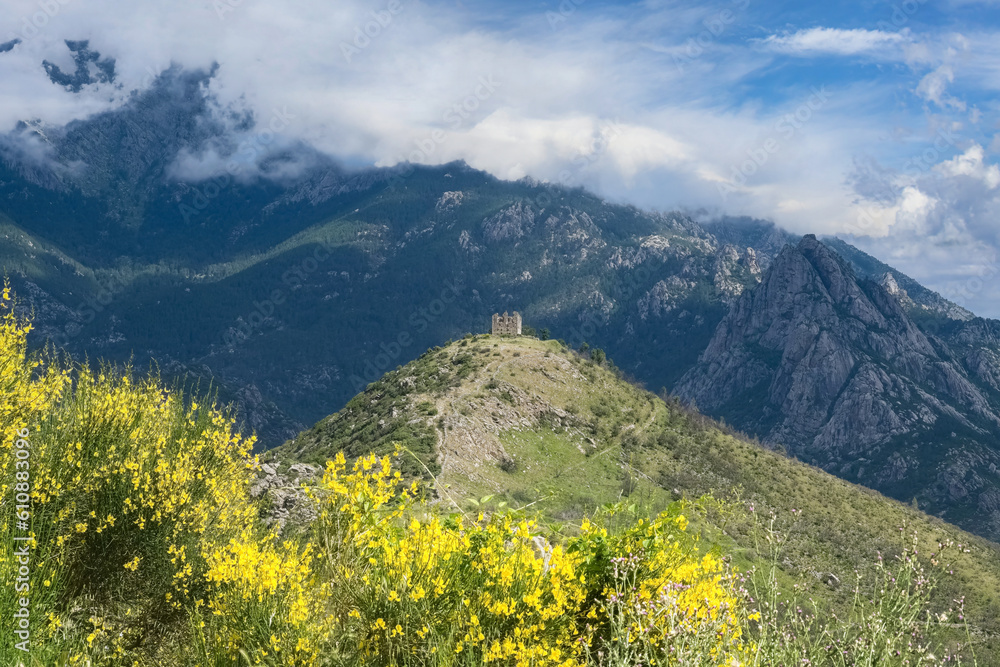 Corsica, an ancient genoese fortress in the mountain, on a hill, in spring
