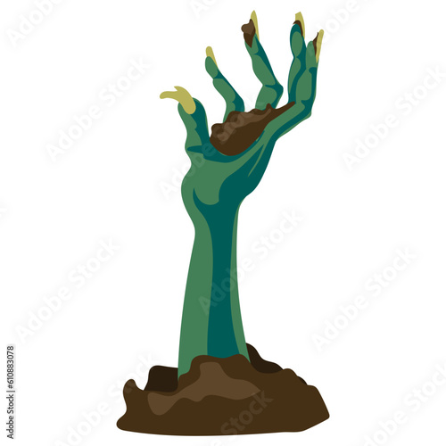 Scary zombie hand crawling out of the ground on a white background, Halloween holiday - vector illustration. A green rotten hand in the sand climbs out of the grave. Scary and broken