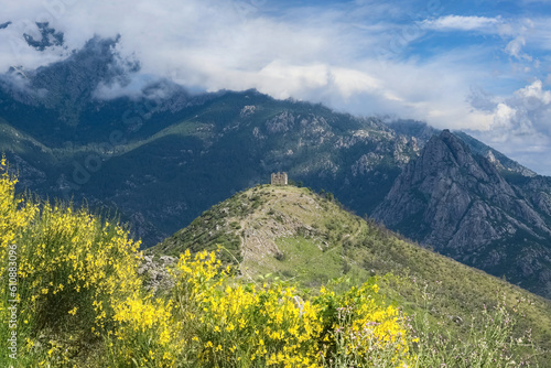 Corsica, an ancient genoese fortress in the mountain, on a hill, in spring 