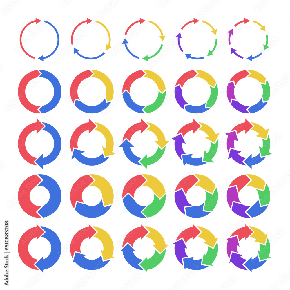 Circular arrows. Circle arrow infographic diagram, round 2-6 steps options. Business strategy workflow process color loop, info charts vector template Circular arrows. Circle arrow infographic diagram, round 2-6 steps options. Business strategy workflow process color loop, info charts vector template
