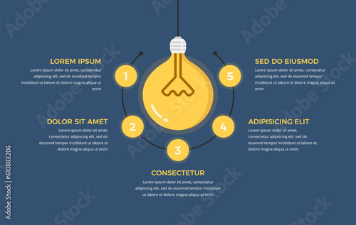 Education infographic template with bulb and five circles around it with numbers and place for your text, vector eps10 illustration