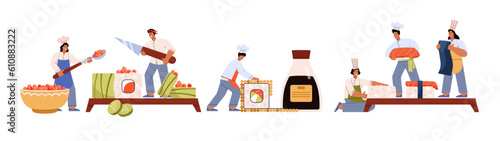 Professional sushi chefs making sushi and rolls, abstract flat vector illustration isolated on white background.