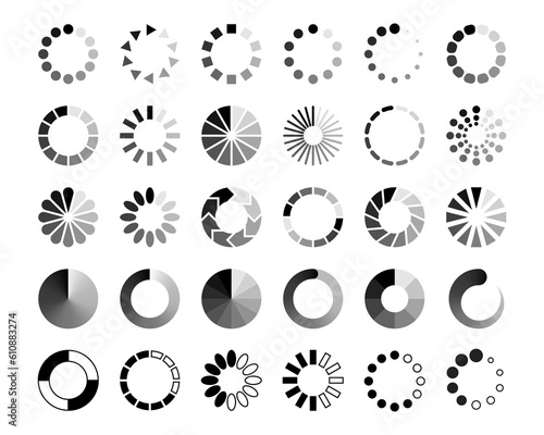 Loading icons. Load progress circle, loader ui indicator. Upload sign, download process round interface button. Circular status reloading bar vector set