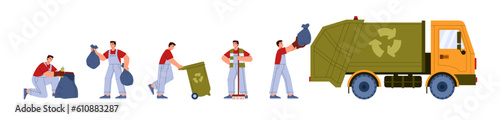 Man taking out garbage, flat vector illustration isolated on white background.