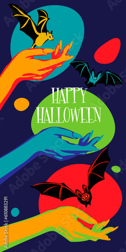 Vector illustration of witches  hands with bats and the inscription Happy Halloween for a party invitation card  poster. Greeting card  banner for the Day of the dead. Printing in bright colors
