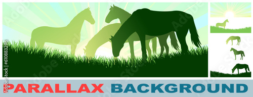 Horses graze in meadow. Summer rural. Morning sun. Picture layers parallax effect. Nice silhouette. Vector image isolated background.