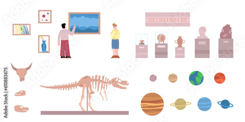 Set of archeology museum exhibits and visitors flat vector illustration isolated.