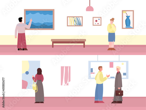 Set of two banners with Art museum visit scenes, cartoon vector illustration.