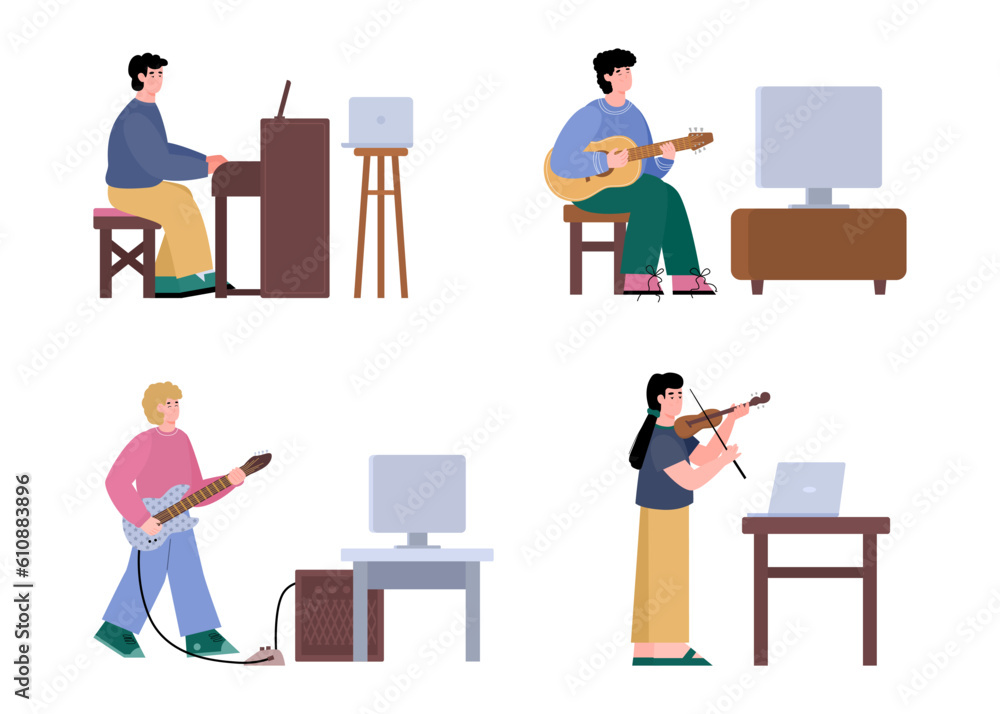 People education or create video online music lessons a vector illustrations.