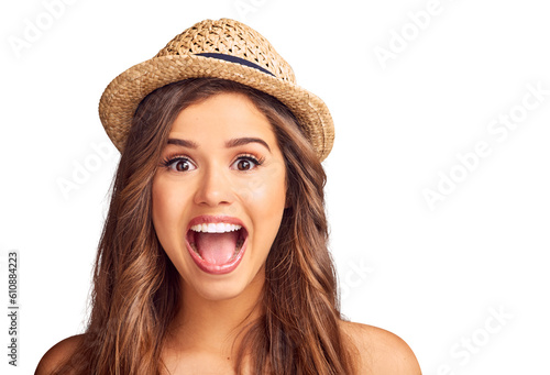 Portrait, fashion and surprise of woman in hat isolated on a transparent png background. Face, wow and happy model with good news, winning announcement or success with shocked, excited or omg emoji.