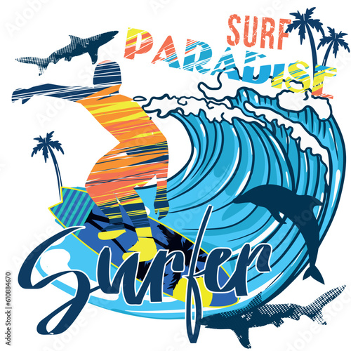surf t-shirt graphic design. Bright summer illustration . for textiles, prints, for boy and girl