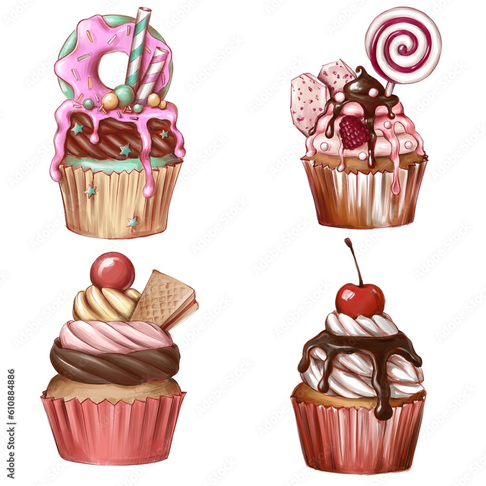 set of Cupcake colourful sketch. tasty sweet delicious Dessert isolated illustration. simple Muffin design for logo, cafe menu or print