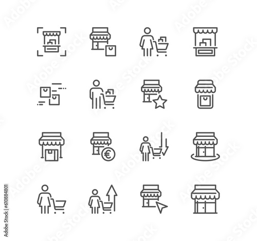 Set of shop management related icons, increase sales, supermarket, boutique, showroom building and linear variety vectors.