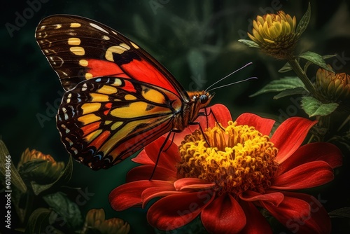 Monarch butterfly red flower. Generate Ai
