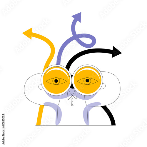 Making business decisions, career development or choosing the right concept of the road to success. The character looks through binoculars through binoculars. The arrows point in different directions.