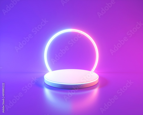  Empty neon arena for product transitions with purple futuristic circles and pastel neon light background. 3D illustration.